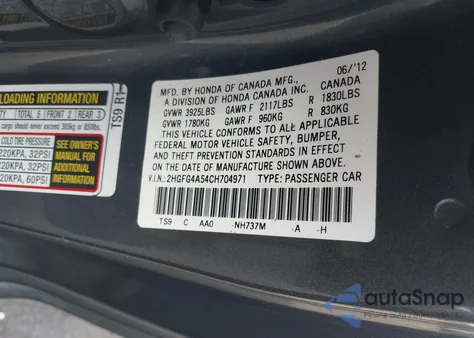 2012 Honda Civic Si z USA, uszkodzony, nr VIN 2HGFG4A54CH704971